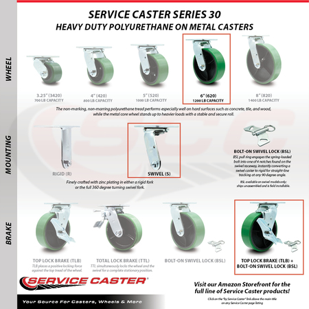 Service Caster 6 Inch Green Poly on Steel Caster Set with Roller Bearings 4 Brake 2 Swivel Lock SCC-30CS620-PUR-GB-TLB-BSL-2-TLB-2